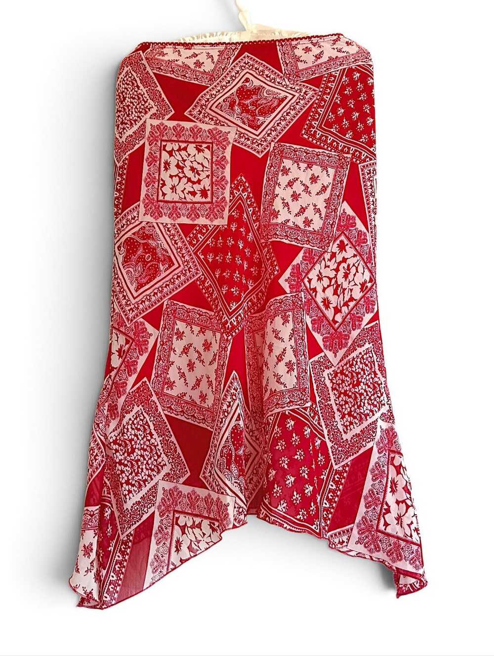 Red Patchwork Print Asymmetric Hem Midi Skirt Hanky Hem Cowgirl Western Sheer SM